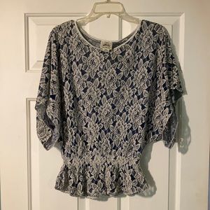 Ariat navy flowered boat neck lace peplum top